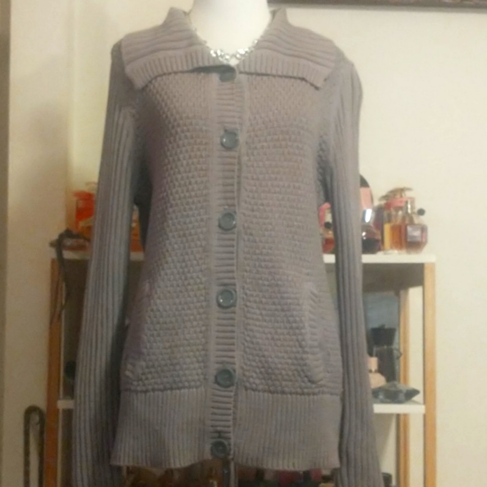 Croft Barrow Tunisian Style Knit Duster Button Up Shawl Collar Cardigan Sweater